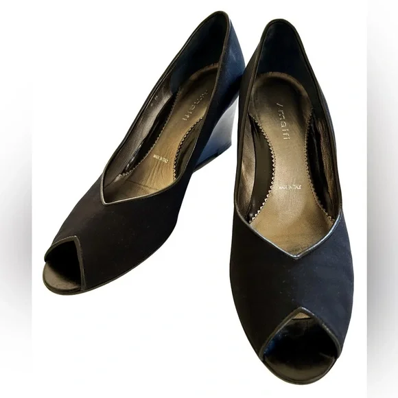 AMALFI Black Wedge Peep Toe Pumps Size 8 - Picture 1 of 7
